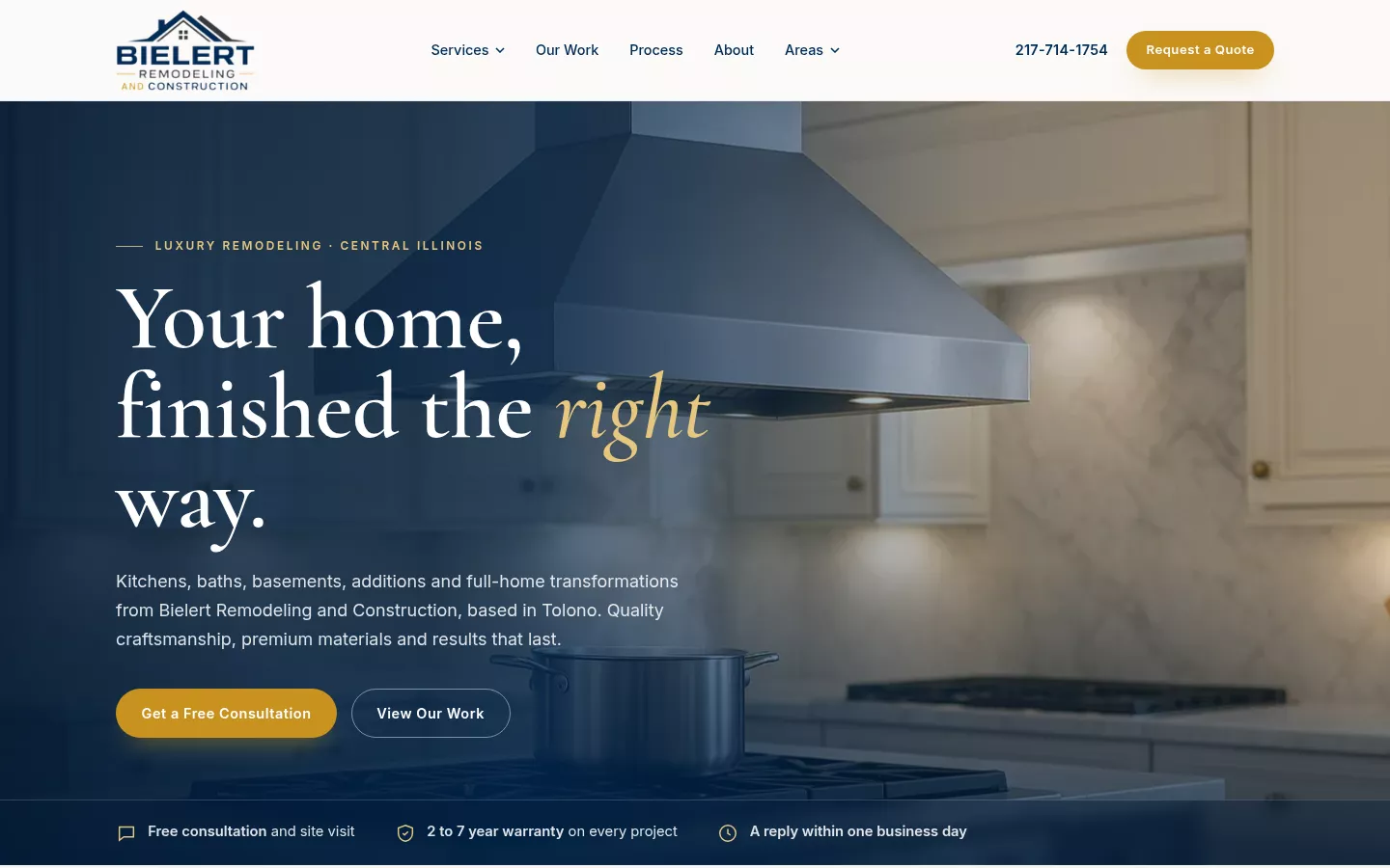 The Bielert Remodeling and Construction homepage: a navy-toned kitchen with the headline “Your home, finished the right way.”