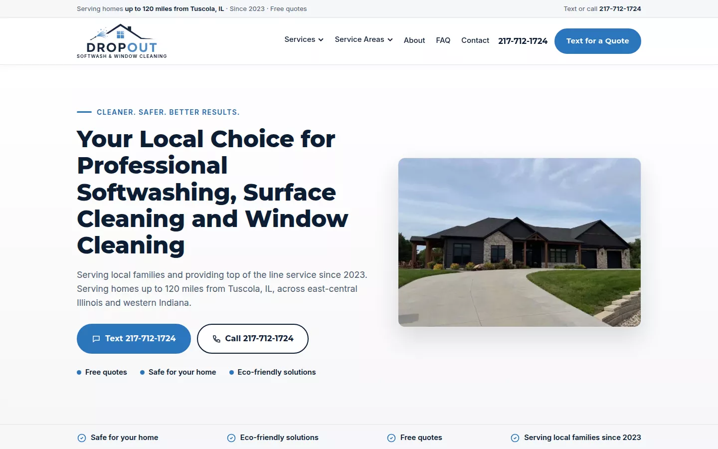 The Dropout Softwash homepage with the headline “Your Local Choice for Professional Softwashing, Surface Cleaning and Window Cleaning.”