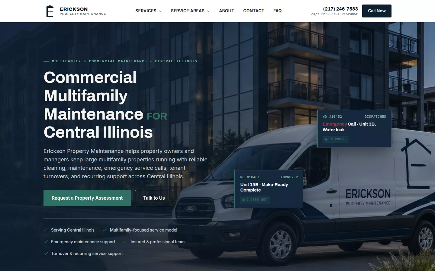 The Erickson Property Maintenance homepage: an apartment building at dusk with a branded service van.