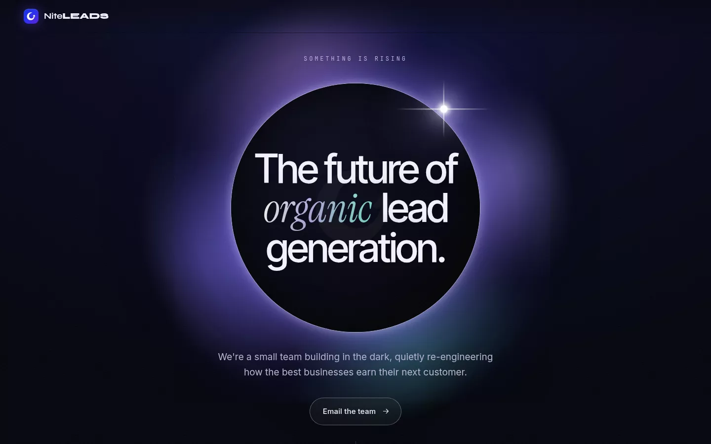 The NiteLeads homepage: the headline “The future of organic lead generation.” set inside a glowing violet eclipse.